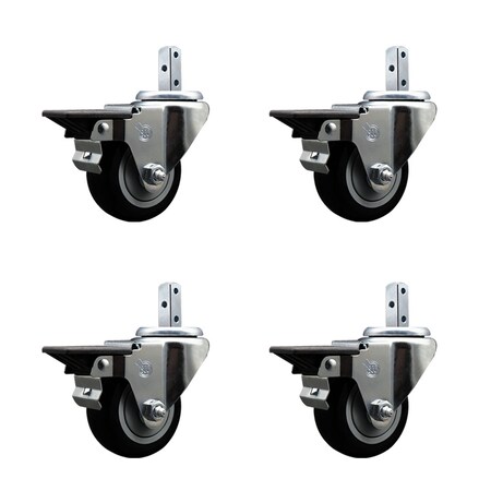 Service Caster 3'' Black Poly Wheel Swivel 3/4'' Square Stem Caster Set with Brake, 4PK SCC-SQ20S314-PPUB-BLK-PLB-34-4